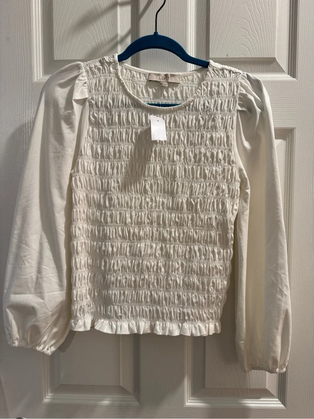 LOFT White Smocked Puff Sleeve Blouse